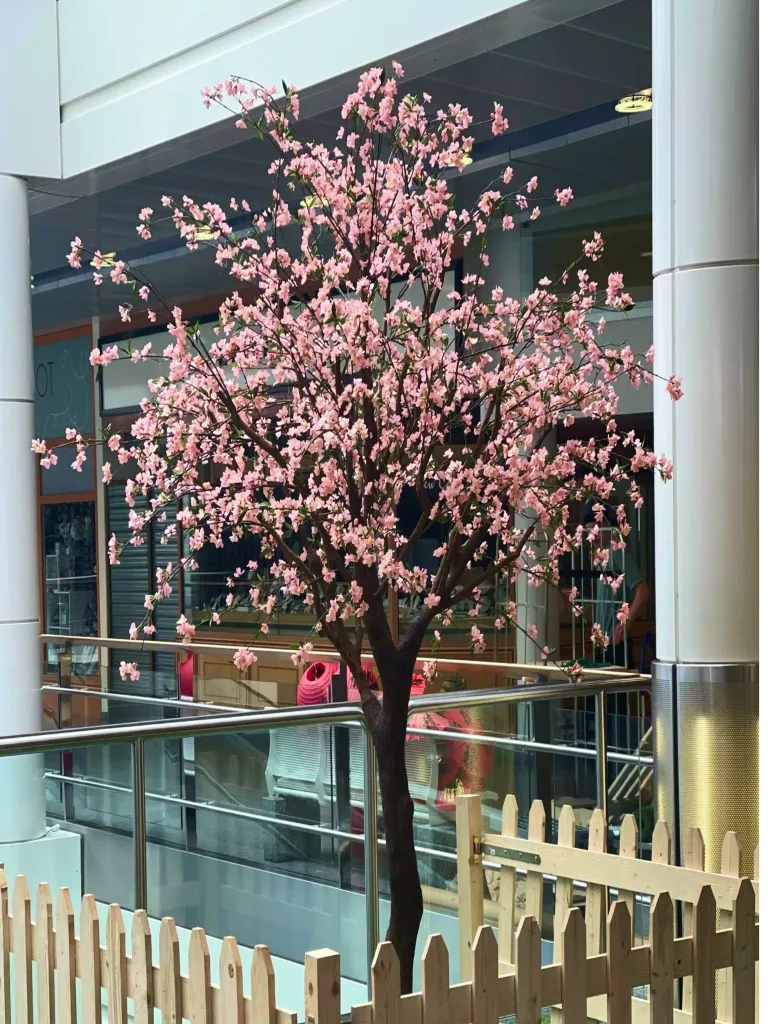 Cerisier en fleurs rose dans un centre commercial