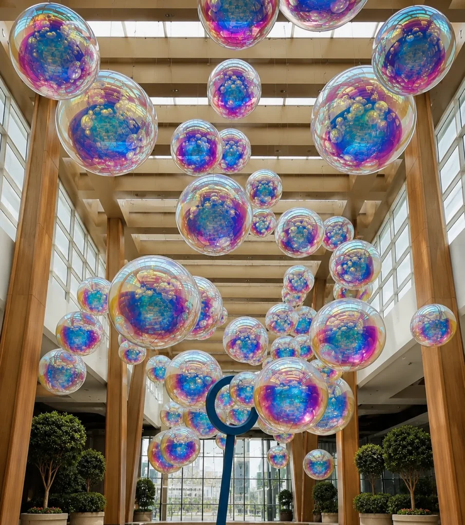Ballons bulles iris&eacute;s suspendus dans un atrium en bois
