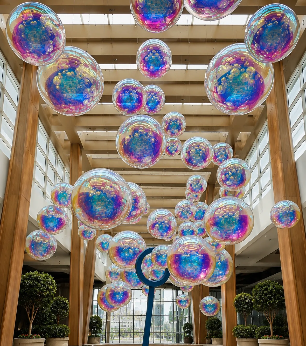 Iridescent bubble balloons suspended in a wooden atrium