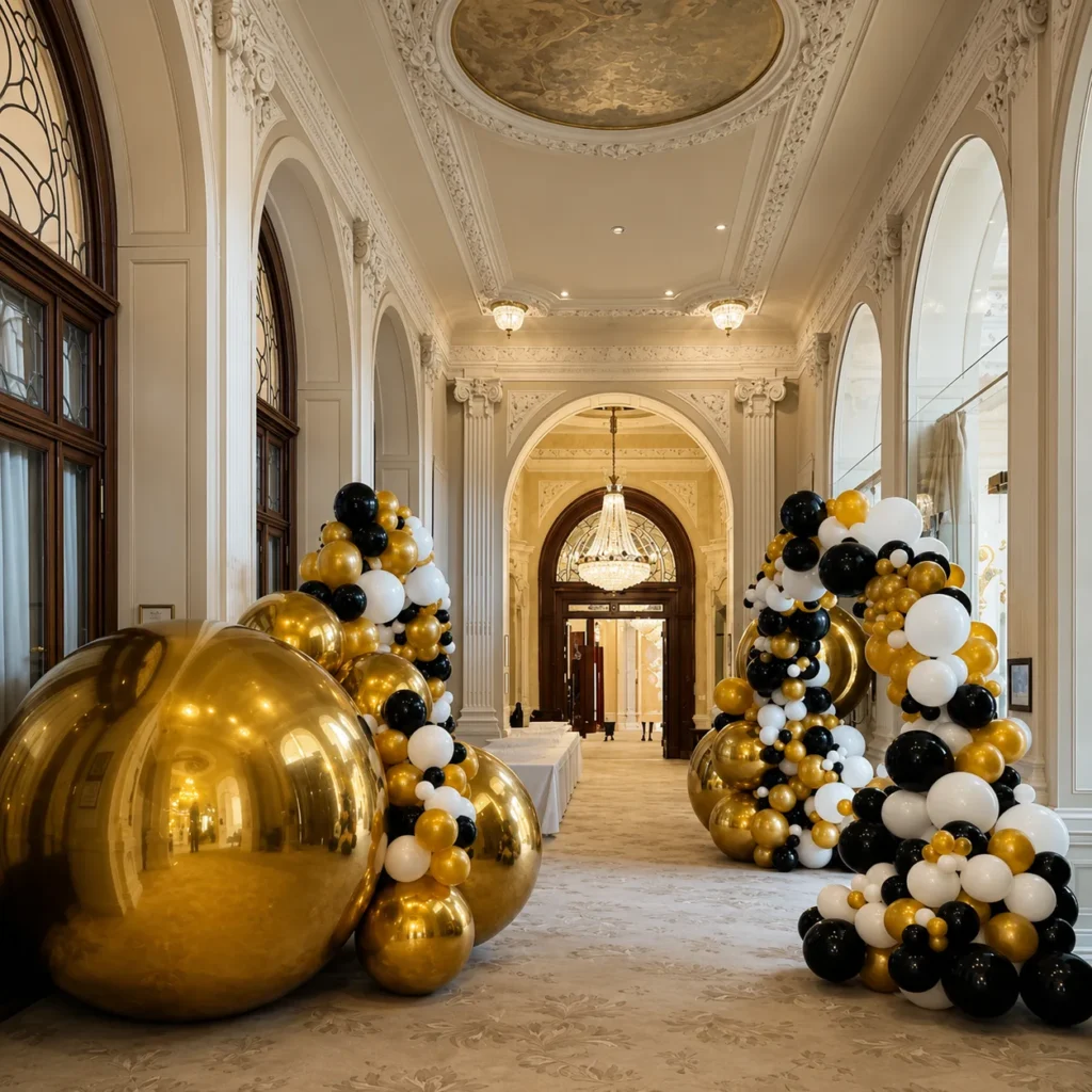 Colonnes de ballons or, noir et blanc dans le couloir richement orn&eacute; d&rsquo;un palais